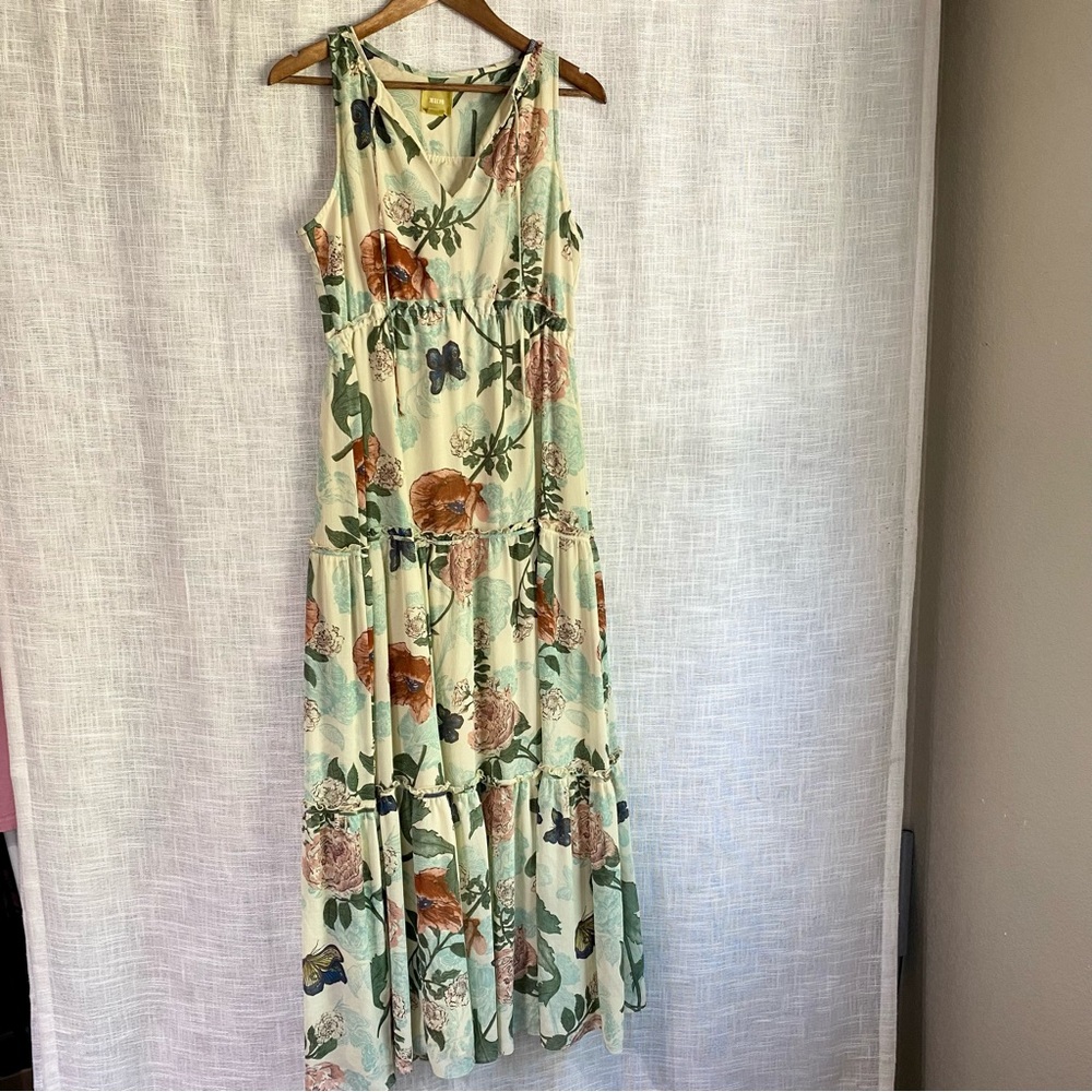 Anthropologie Mint Floral Tiered Maxi Dress with Rust & Navy Accents